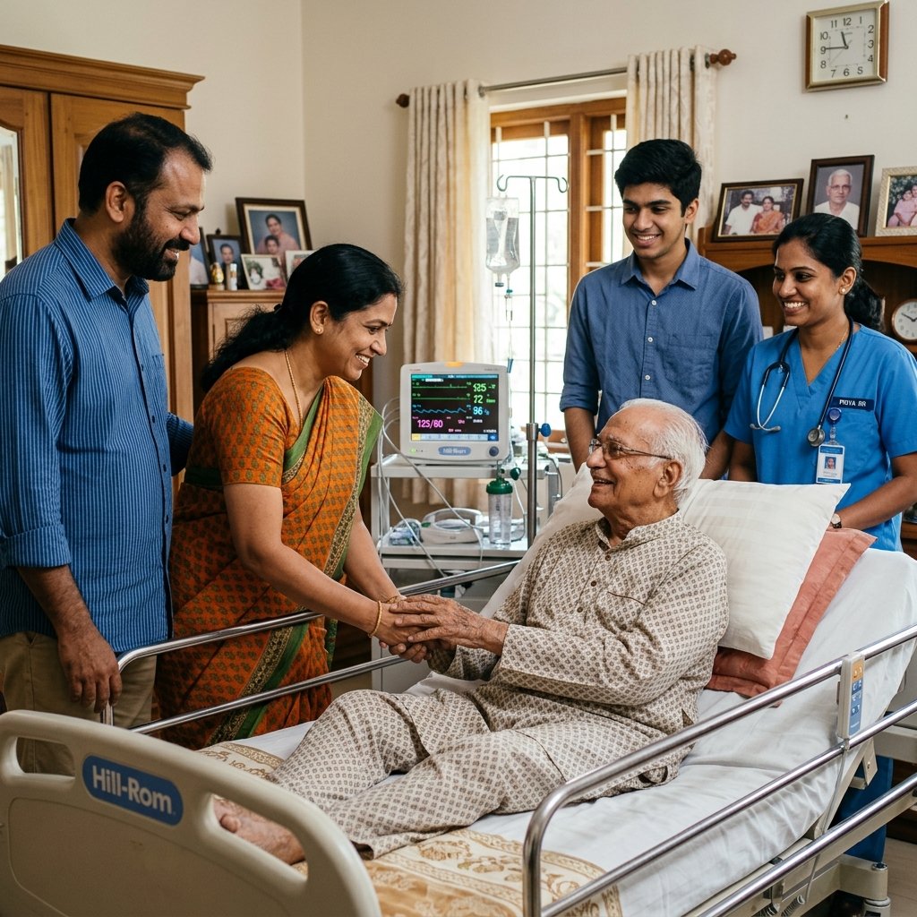 Family caring for elderly patient at home in Patna