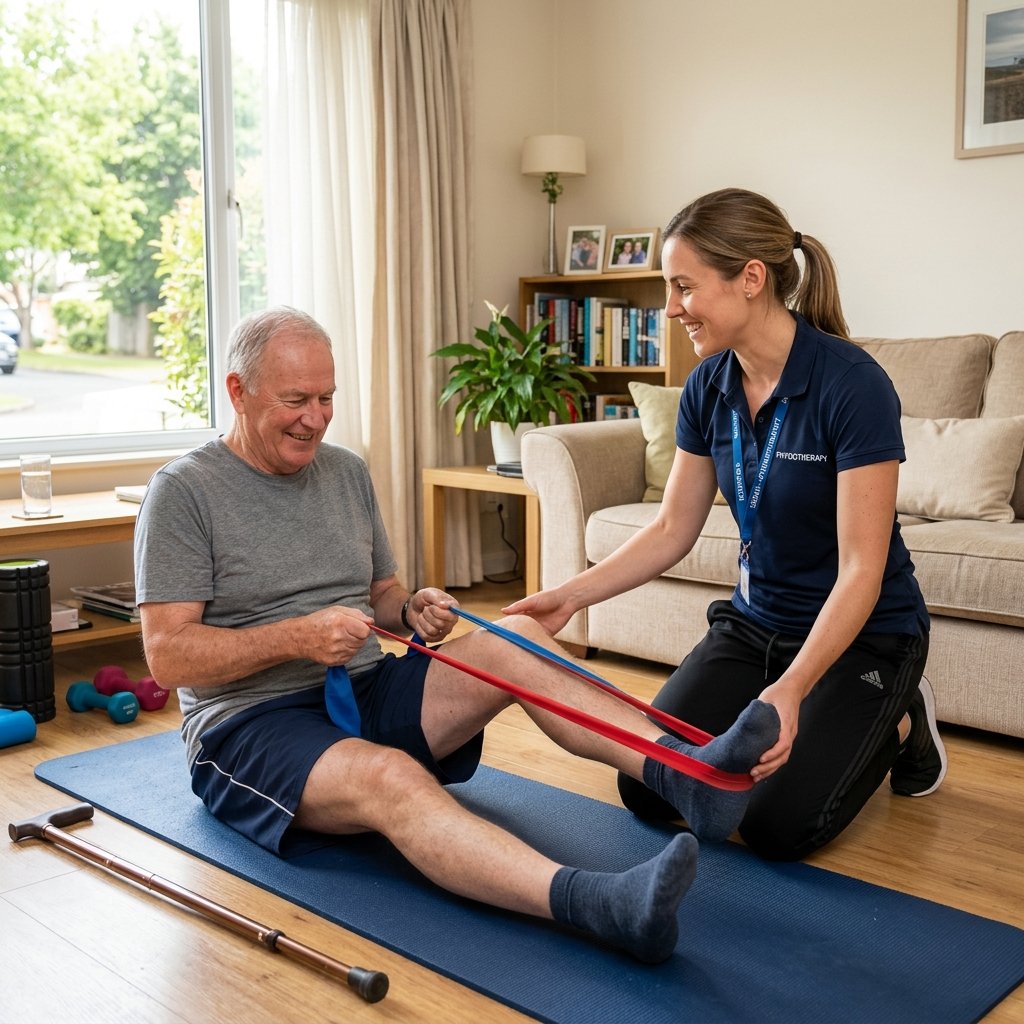 Physiotherapist assisting patient at home